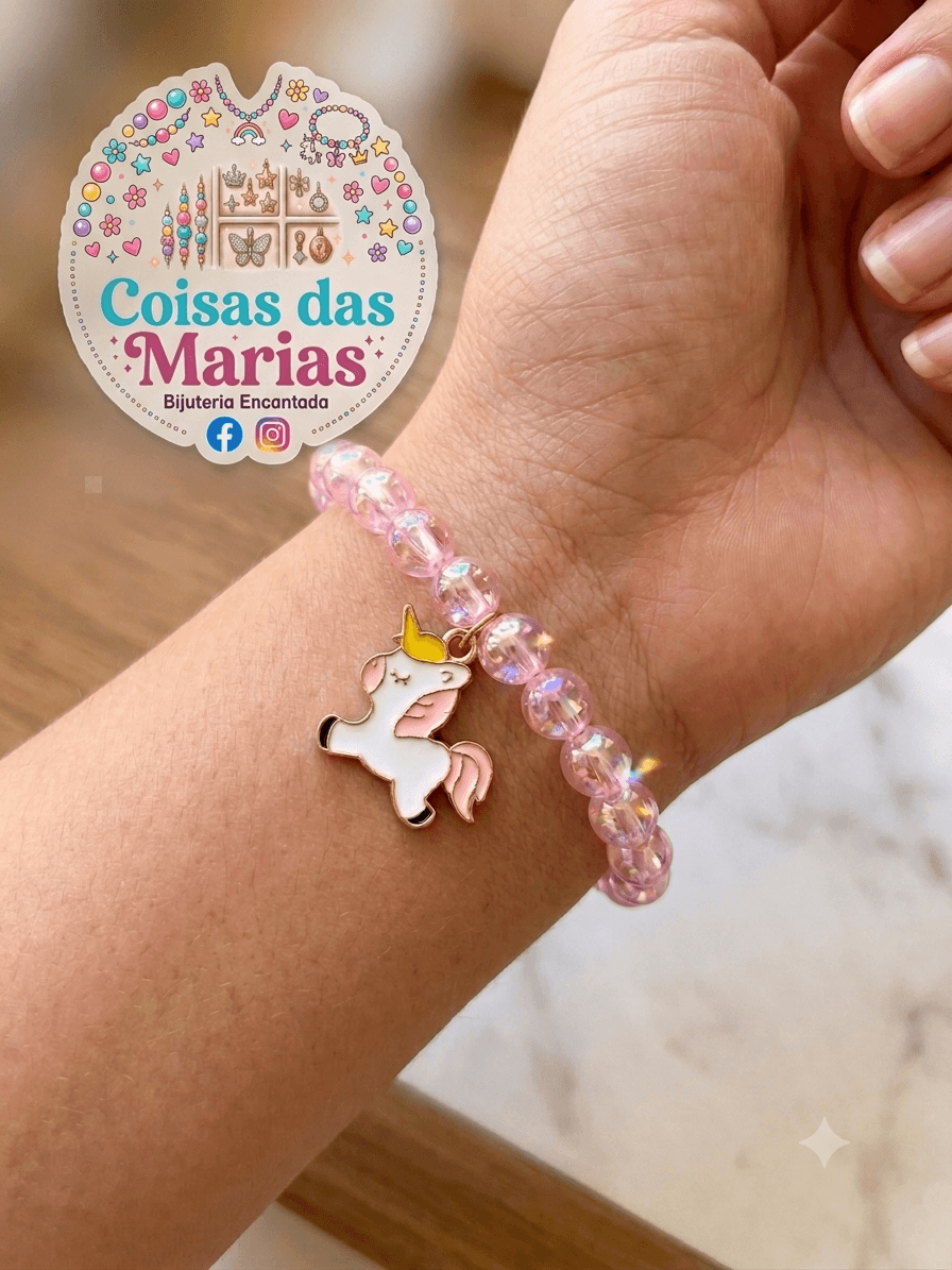 Pulseira rosa cintilante com unicórnio